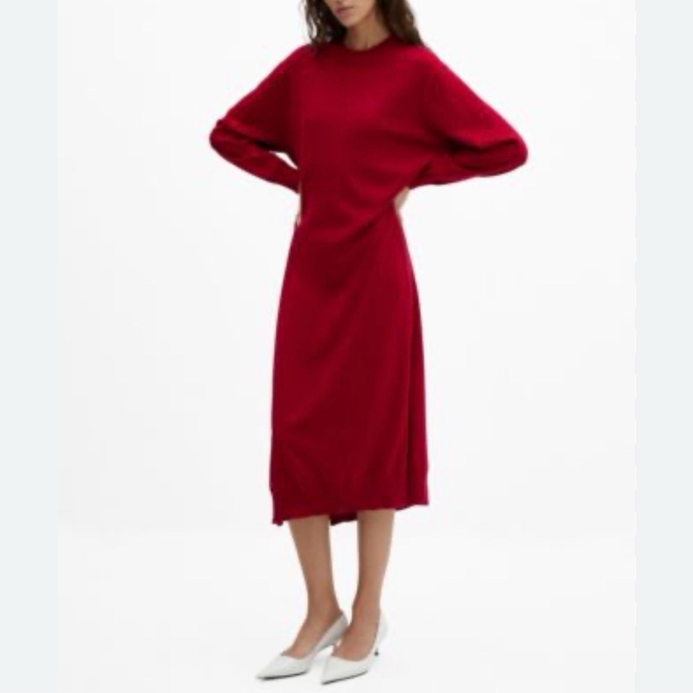 MANGO Women's red Round-Neck Knitted long sleeve Dress size small side slit new